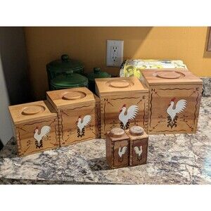 Rooster Weathervane Hand Painted Wood Canister Set Redbird Line Japan S + P